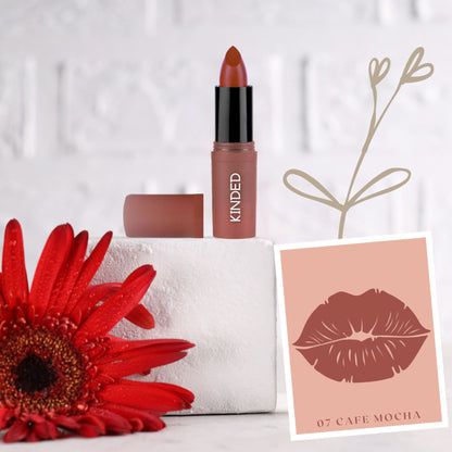 KINDED Satin Saga Bullet Lipstick in 07 Cafe Mocha with creamy satin finish and vitamin E, showcased on a neutral background.