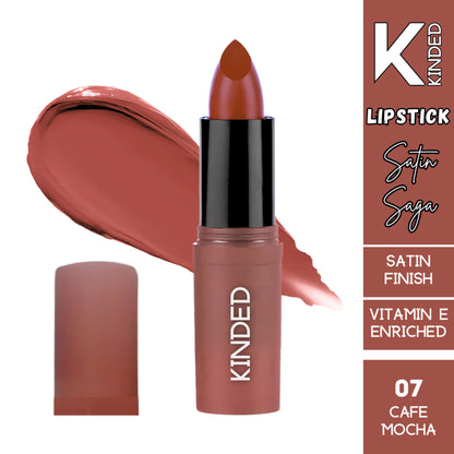 KINDED Satin Saga Bullet Lipstick in 07 Cafe Mocha with creamy satin finish and Vitamin E, showcasing the lipstick's rich color and smooth texture.