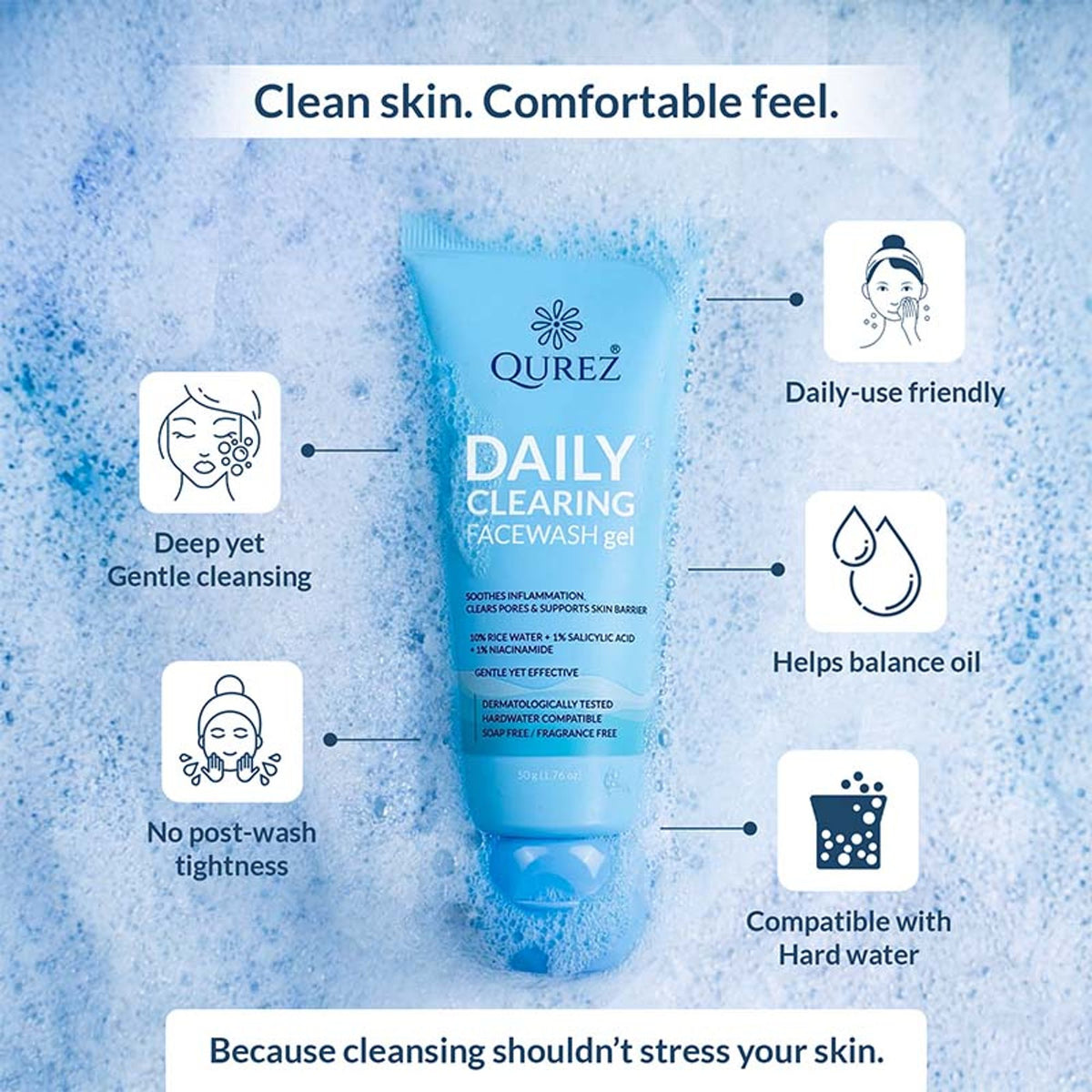 Qurez Daily Clearing Facewash With 10% Rice Water, 1% Salicylic Acid & Dermatologically Tested