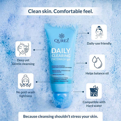Qurez Daily Clearing Facewash With 10% Rice Water, 1% Salicylic Acid & Dermatologically Tested