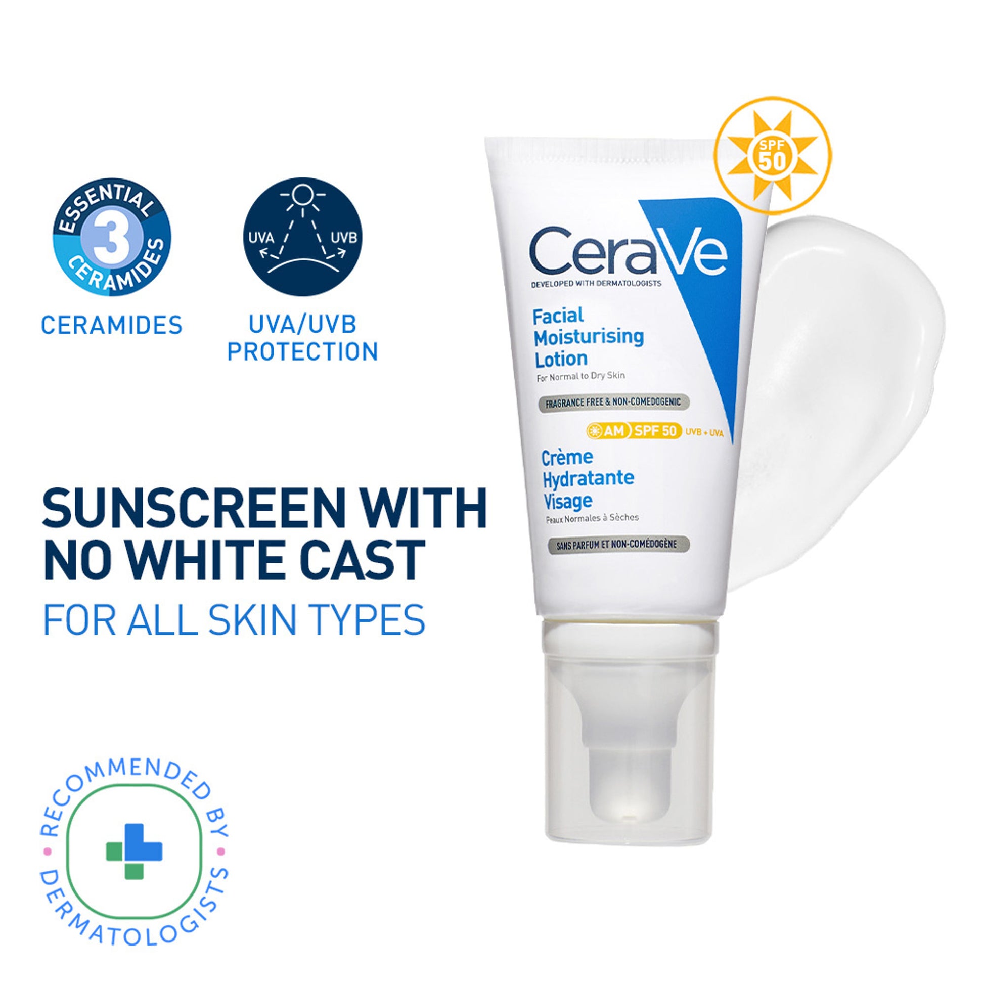 CeraVe AM Facial Moisturizier With Sunscreen SPF 50 UVB + UVA, Dermatologist Recommended Day Cream