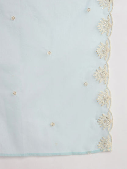 Floral Embroidered V-Neck Sequinned Straight Kurta With Trousers & Dupatta