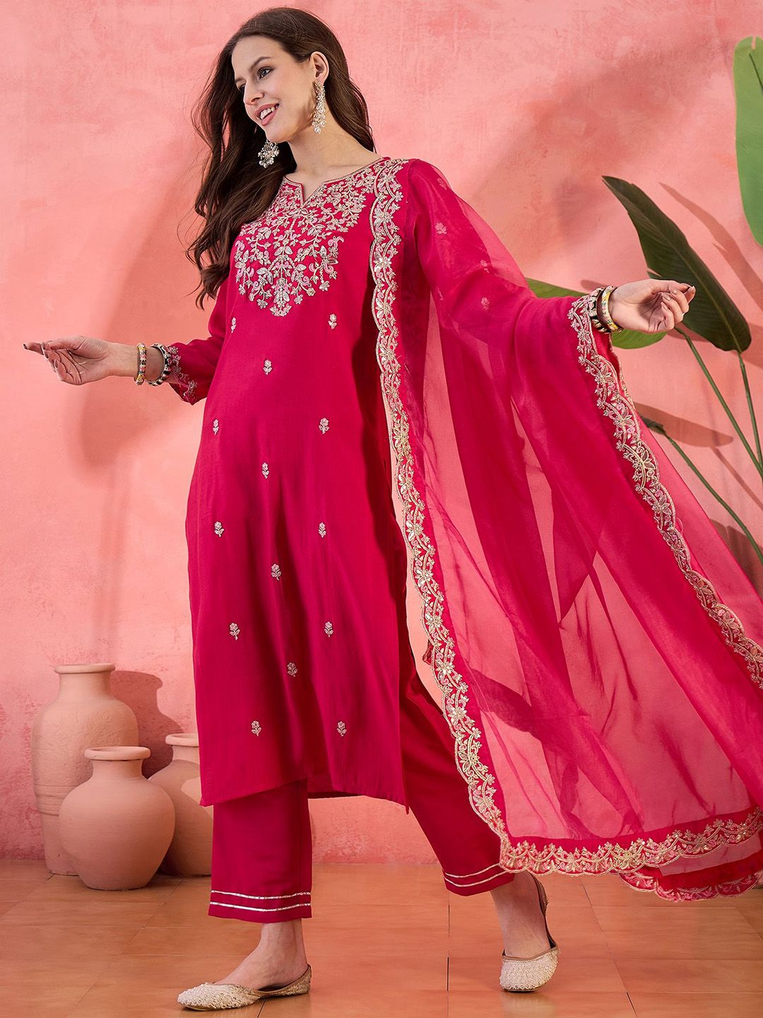 Indyancart SN Women's Solid Embroidered Kurta with Pyjama & Dupatta