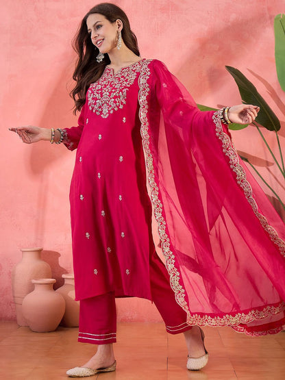 Indyancart SN Women's Solid Embroidered Kurta with Pyjama & Dupatta