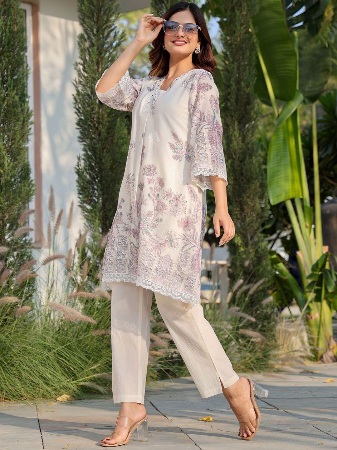 Indyancart IE Floral Printed Pure Cotton Tunic With Trousers Co-Ords