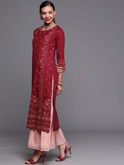 Indyancart IE Women Maroon Ethnic Motifs Foil Print Round Neck Regular Sleeves Straight Kurta