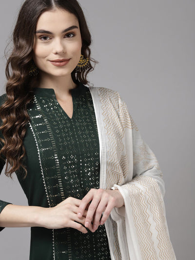 Dhiyona IE Women Green Ethnic Motifs Embroidered Regular Kurta with Palazzos & With Dupatta