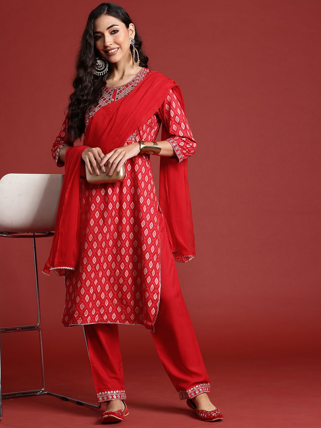 Indyancart IE Printed Mirror Work Kurta With Trousers & Dupatta