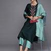 Dhiyona VA Women's Green Yoke Design Thread Work Dupion Silk Kurta with Trousers & Dupatta