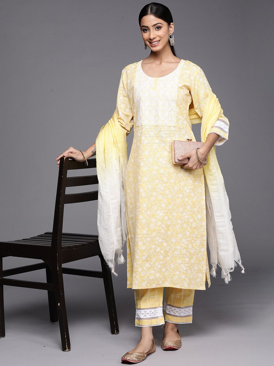 Yellow Floral Embroidered Thread Work Straight Kurta With Trousers & Dupatta