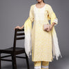 Dhiyona IE Yellow Floral Embroidered Thread Work Straight Kurta With Trousers & Dupatta
