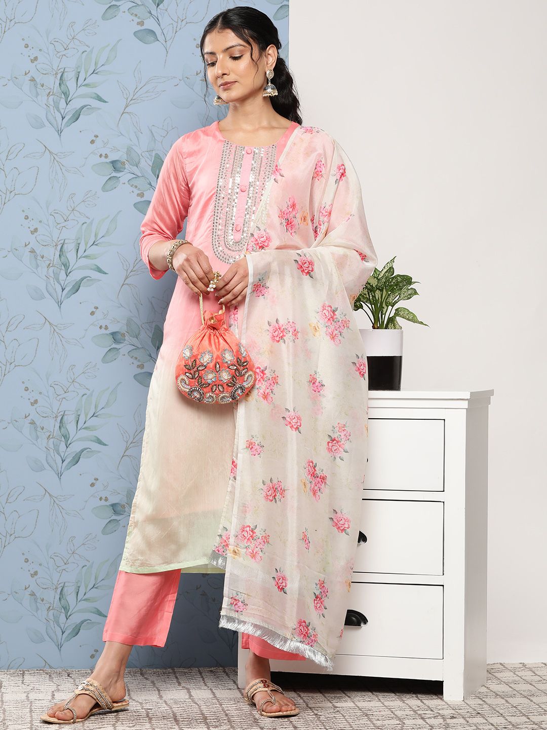 Indyancart VA Women's Pink Ombre Embroidered Sequinned Kurta with Trousers & With Dupatta