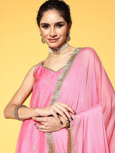 Indyancart VA Women's Ethnic Motifs Embroidered Sleeveless Kurta with Sharara & Dupatta