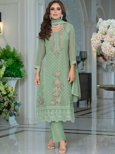 Indyancart IE Women Floral Embroidered Kurta with Trousers & Dupatta