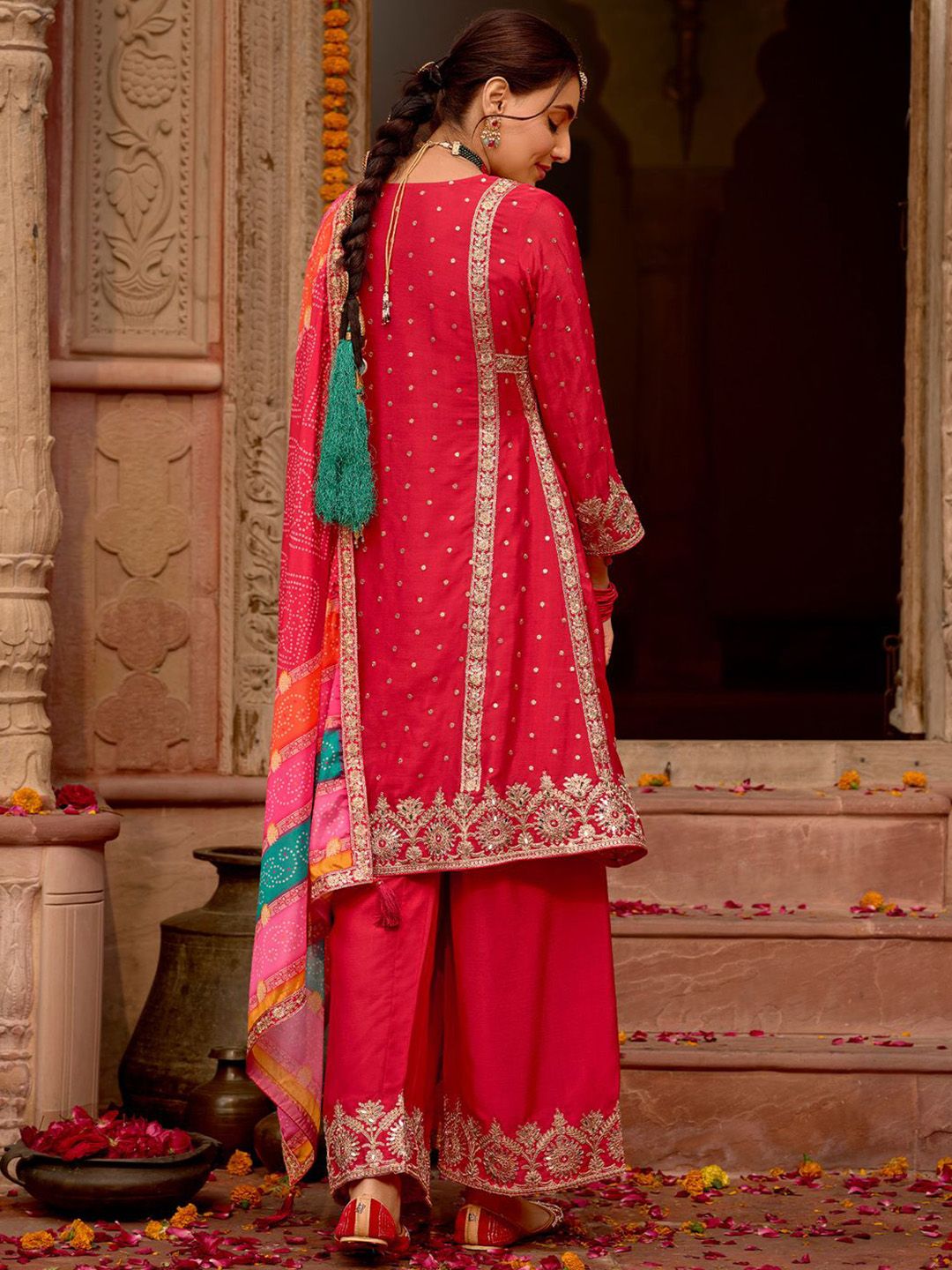 Indyancart IE Floral Embroidered Panelled Mirror Work A-Line Kurta With Palazzos & Dupatta