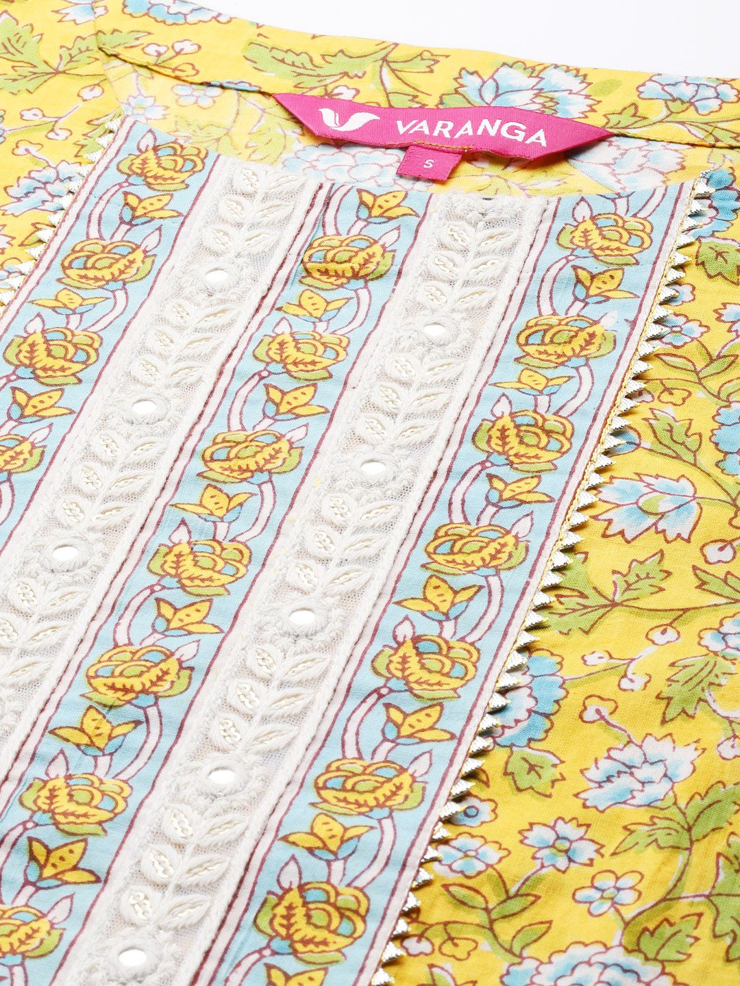 Indyancart VA Women's Yellow Floral Printed Pure Cotton Kurta with Trousers & With Dupatta