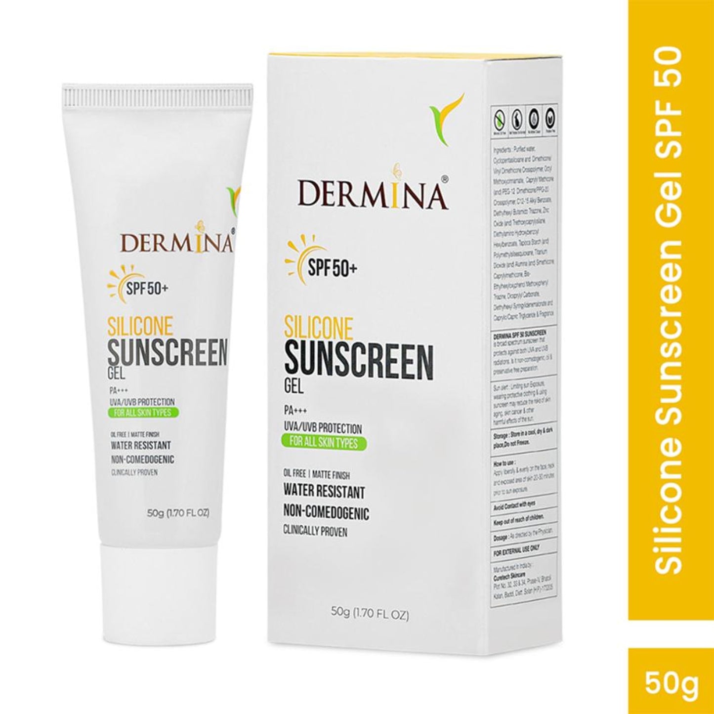 DERMINA SPF 50 Silicone Sunscreen Gel With PA+++ UVA/UVB, Matte Finish Non-Comedogenic - All Skin Type