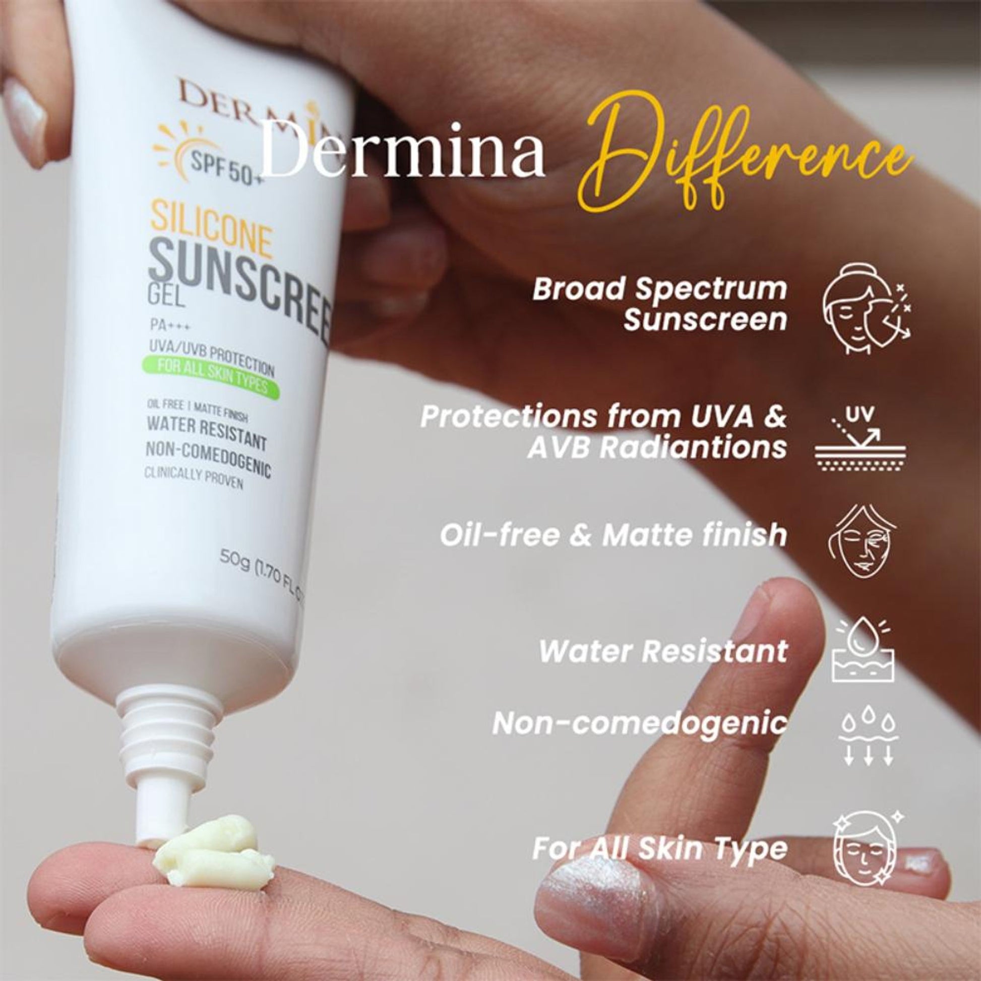 DERMINA SPF 50 Silicone Sunscreen Gel With PA+++ UVA/UVB, Matte Finish Non-Comedogenic - All Skin Type