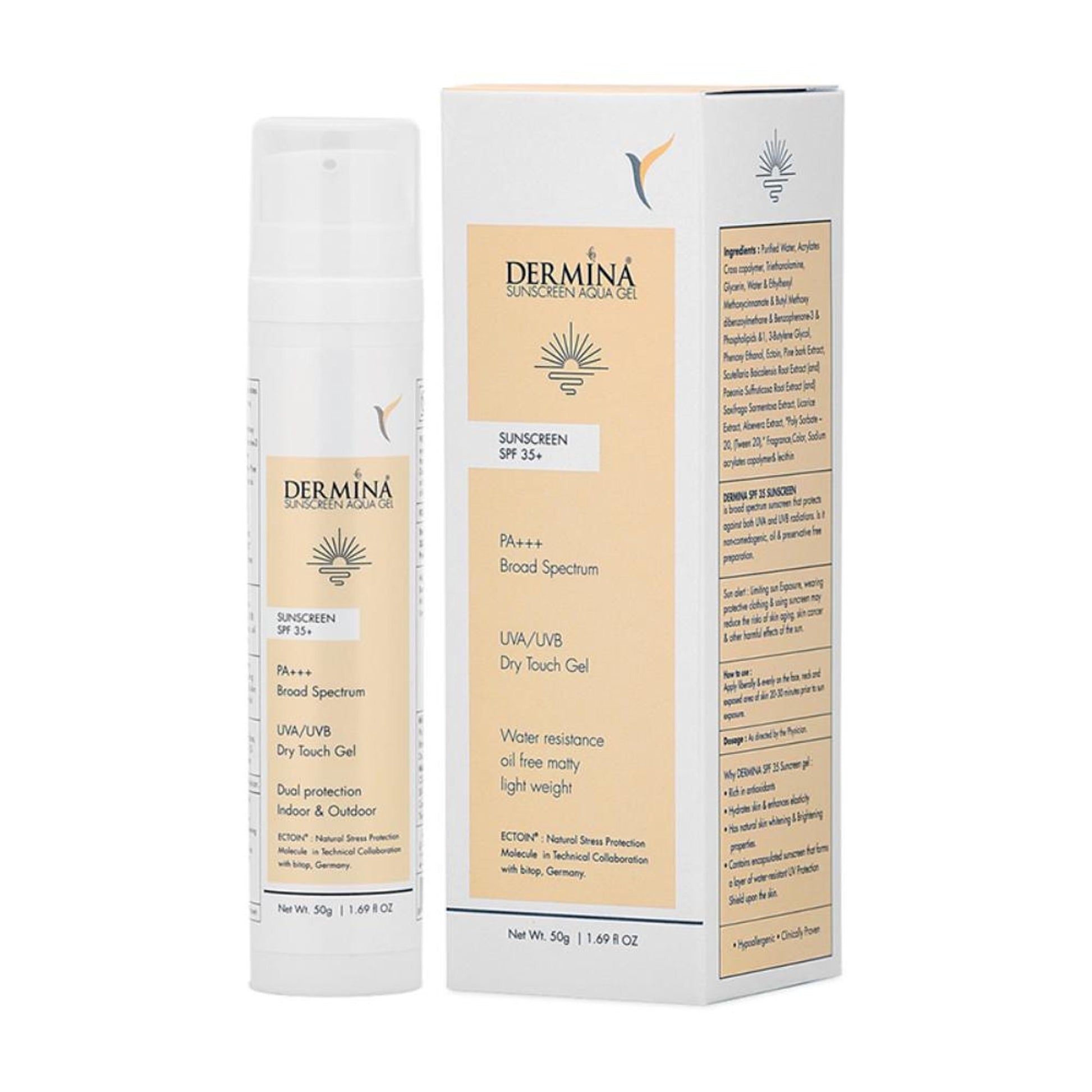 DERMINA Sunscreen Aqua Gel SPF 35+ PA+++ Broad Spectrum UVA/UVB With Ectoin, Oil Free - All Skin Type