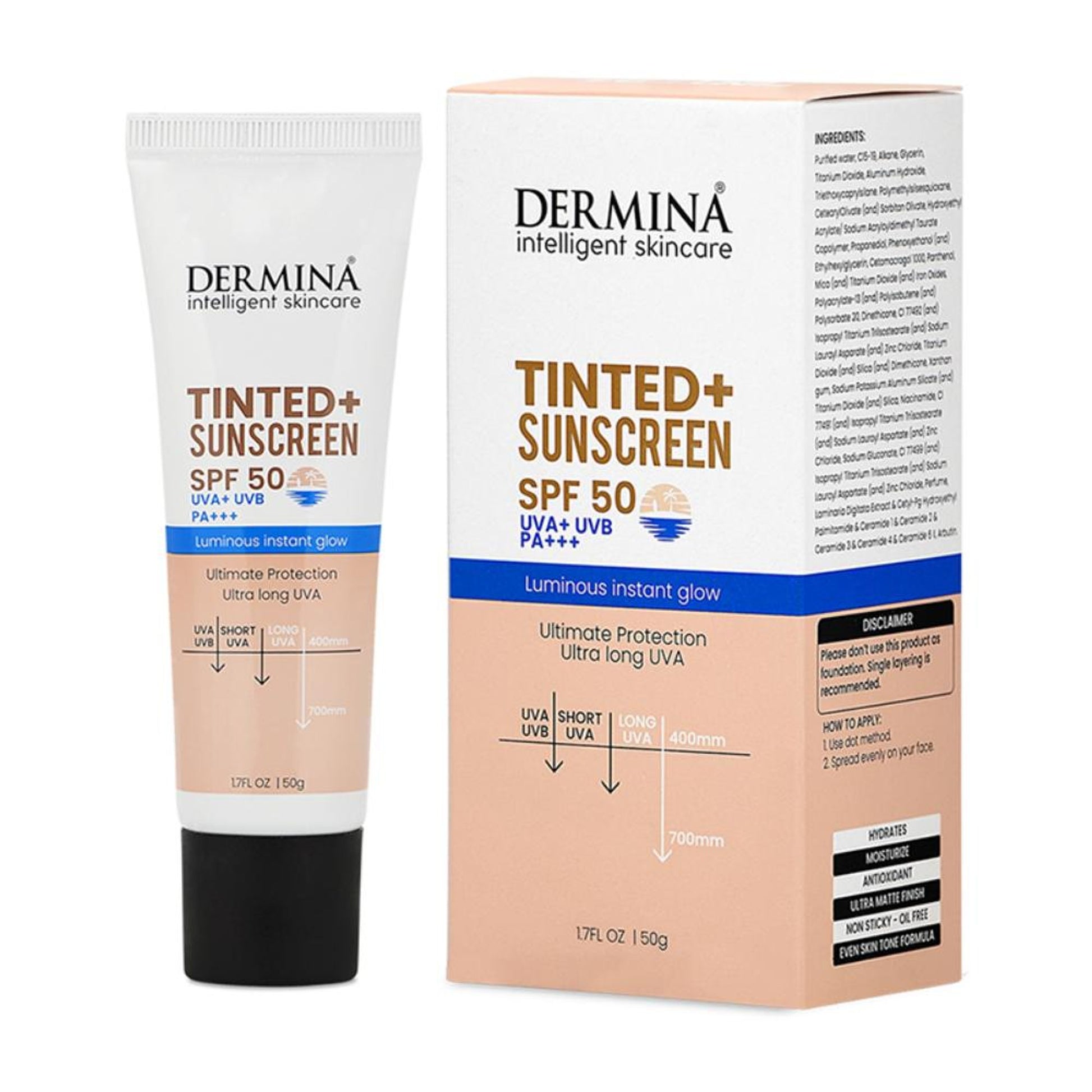 DERMINA Tinted+ Sunscreen SPF 50 With UVA + UVB PA+++ Sun Protection & Instant Glow - All Skin Type