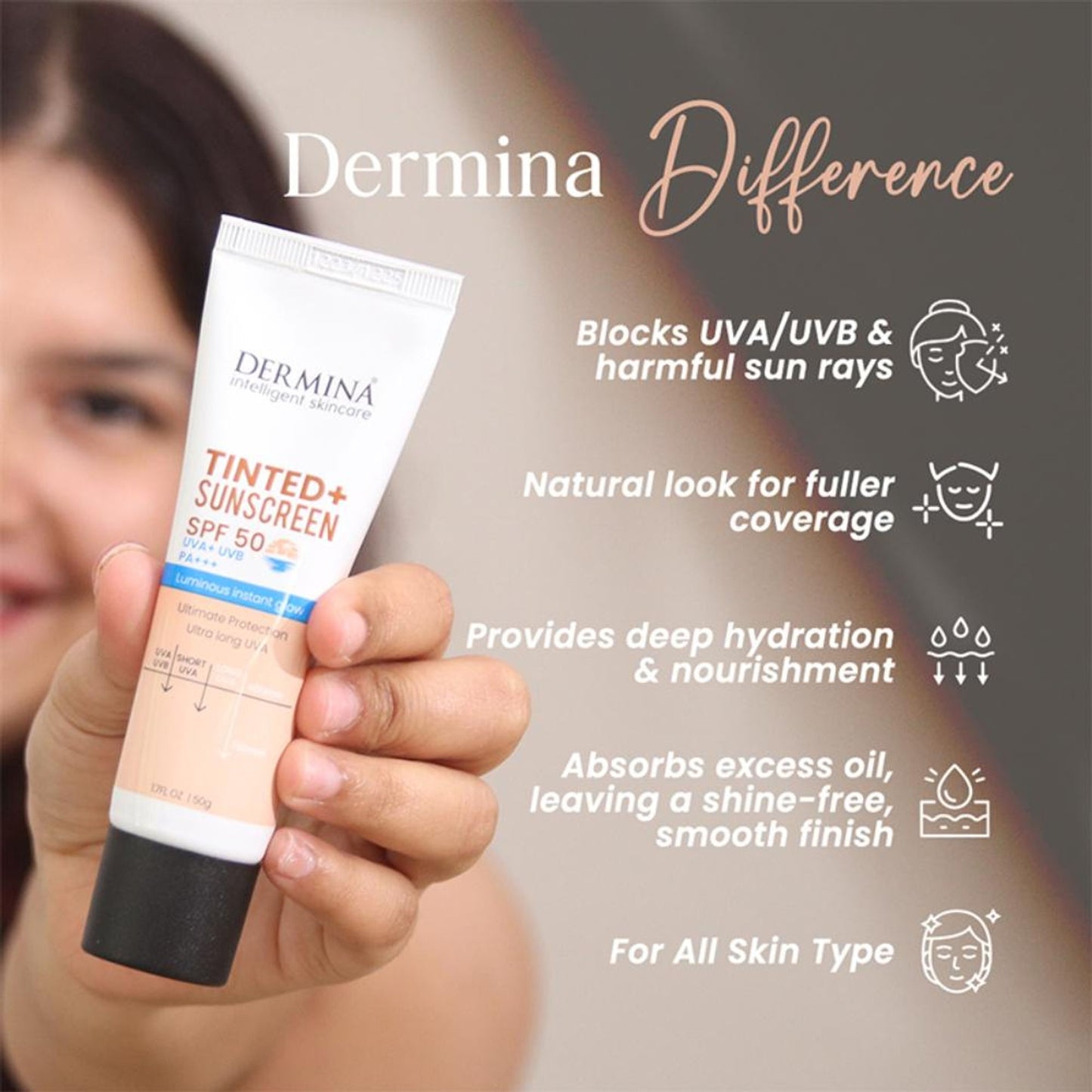 DERMINA Tinted+ Sunscreen SPF 50 With UVA + UVB PA+++ Sun Protection & Instant Glow - All Skin Type