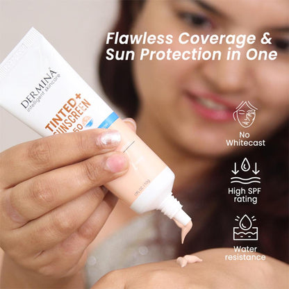 DERMINA Tinted+ Sunscreen SPF 50 With UVA + UVB PA+++ Sun Protection & Instant Glow - All Skin Type