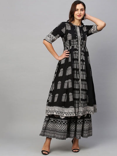 Indyancart SN Women's Ethnic Motifs Printed Pure Cotton A Line Kurta With Palazzos