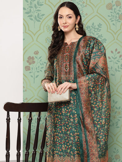 Indyancart VA Women's Ethnic Motifs Printed Regular Chanderi Cotton Kurta with Trousers & Dupatta