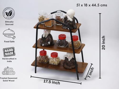 Vesta Homes 3-Tier Wooden Storage Rack for Kitchen, Bathroom | Countertop Organizer Shelf with Mango Wood & Iron Shelves | 51 x 18 x 44.5 cm
