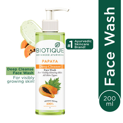 Biotique Bio Papaya Face Wash for all skin types, showing the tube with papaya extract for clear, refreshed skin.