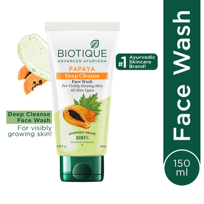 Biotique Bio Papaya Face Wash for all skin types with natural papaya extract, gentle cleanser for a clear, healthy complexion.