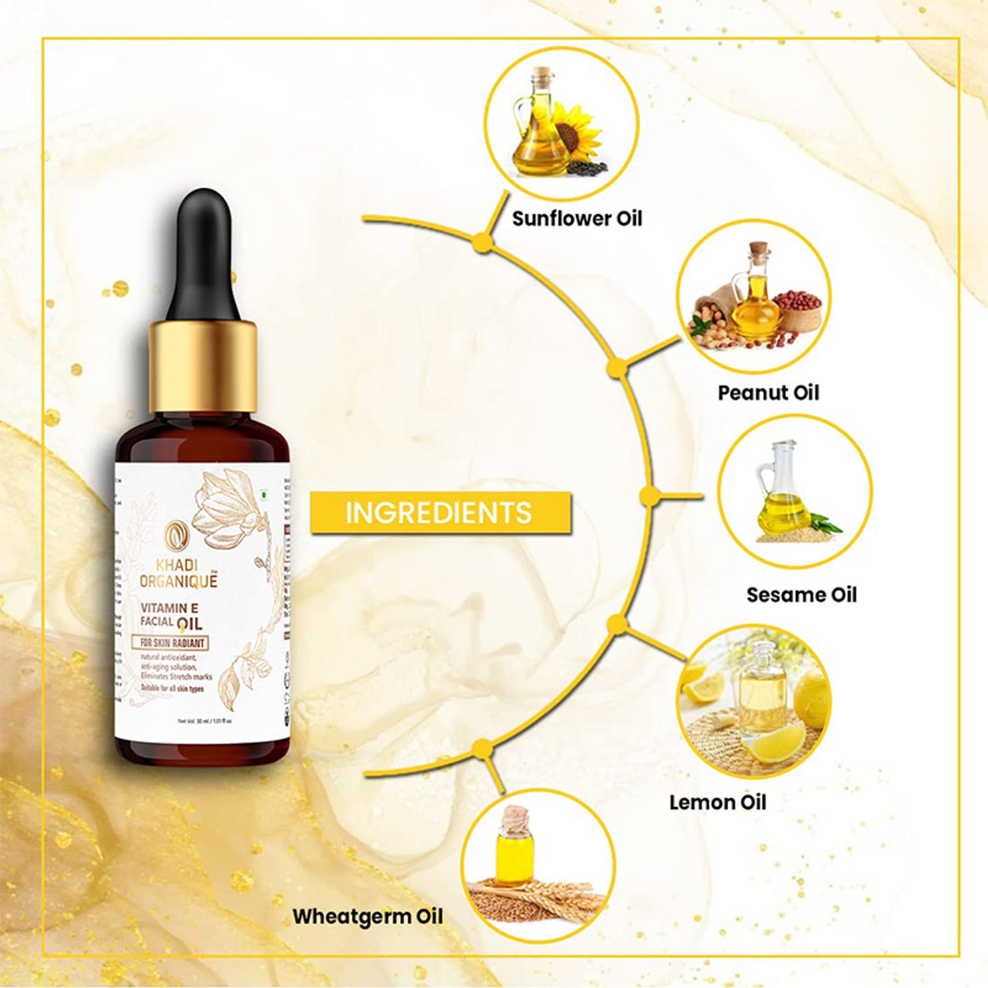 Khadi Organique Vitamin E Facial Oil for Radiant & Glowing Skin, Remove Acne Scars & Marks