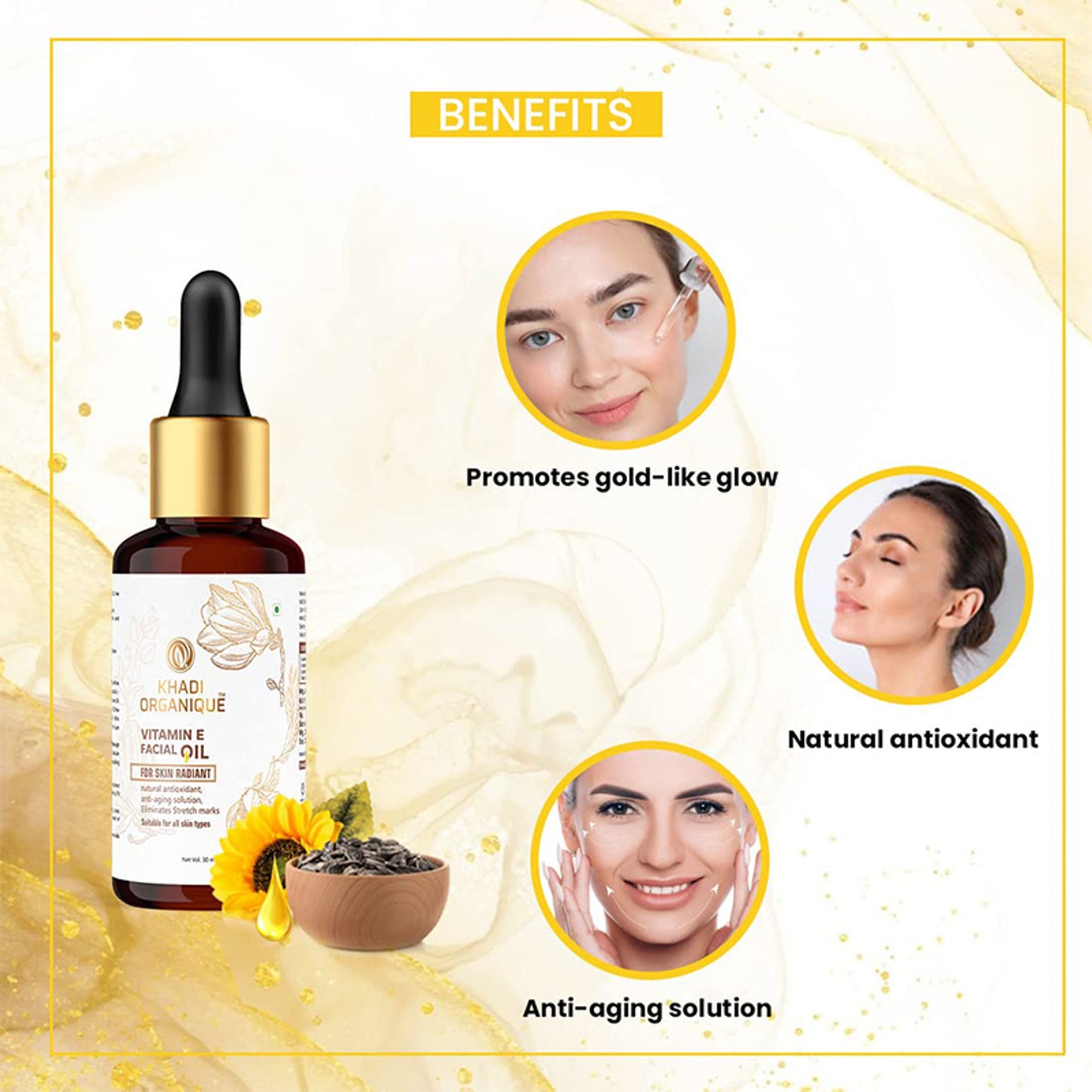 Khadi Organique Vitamin E Facial Oil for Radiant & Glowing Skin, Remove Acne Scars & Marks