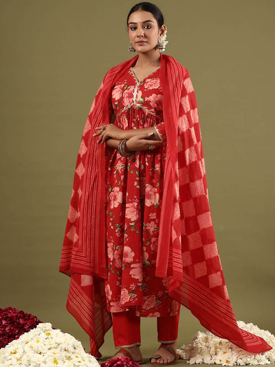 Dhiyona IE Floral Printed Empire Gotta Patti Pure Cotton Kurta with Trousers & Dupatta