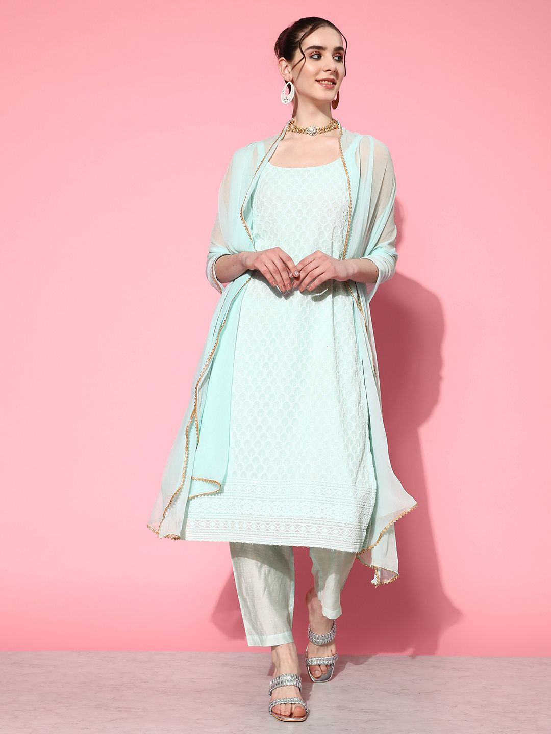 Indyancart VA Women's Embroidered Chikankari Silk Georgette Kurta With Trousers & Dupatta