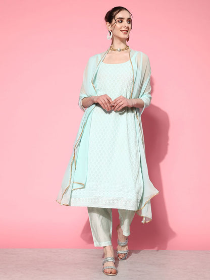 Indyancart VA Women's Embroidered Chikankari Silk Georgette Kurta With Trousers & Dupatta