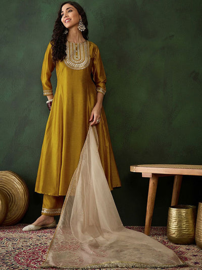 Indyancart SN Women's Mustard Yellow Floral Embroidered Zari A-line Kurta With Trousers & Dupatta