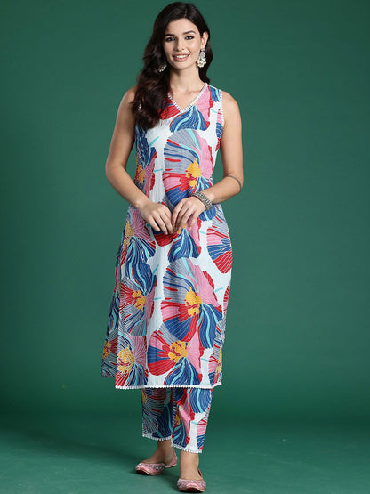 Floral Printed V-Neck Straight Pure Cotton Kurta With Trousers