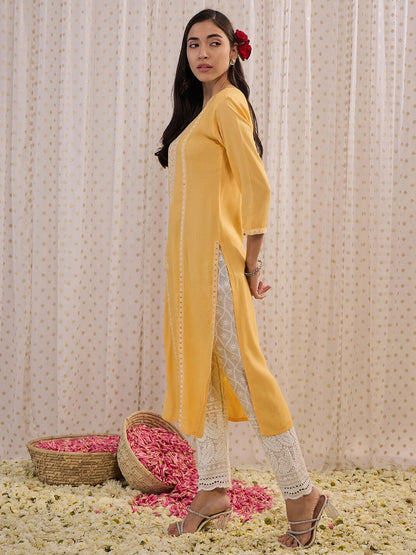 Indyancart IE Floral Embroidered Round Neck Three-Quarter Sleeves Straight Kurta