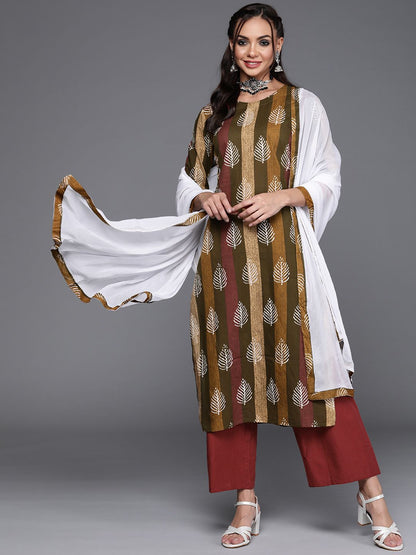 Dhiyona IE Women Olive Green & Maroon Ethnic Motifs Printed Kurta with Trousers & Dupatta