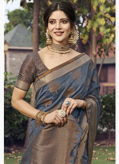 Indyancart GR Women's Yashomati Anchor Grey Zari Woven Design Chanderi Cotton Saree
