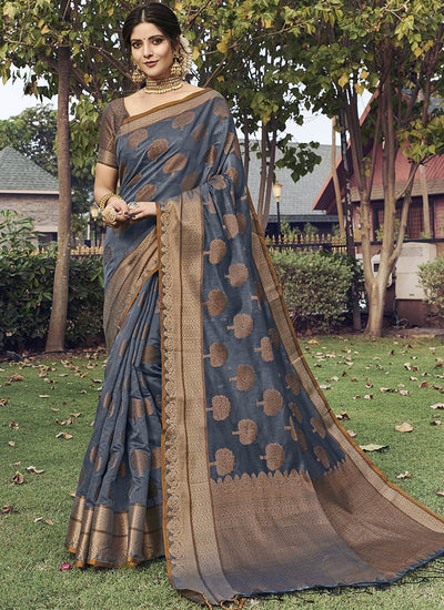 Indyancart GR Women's Yashomati Anchor Grey Zari Woven Design Chanderi Cotton Saree