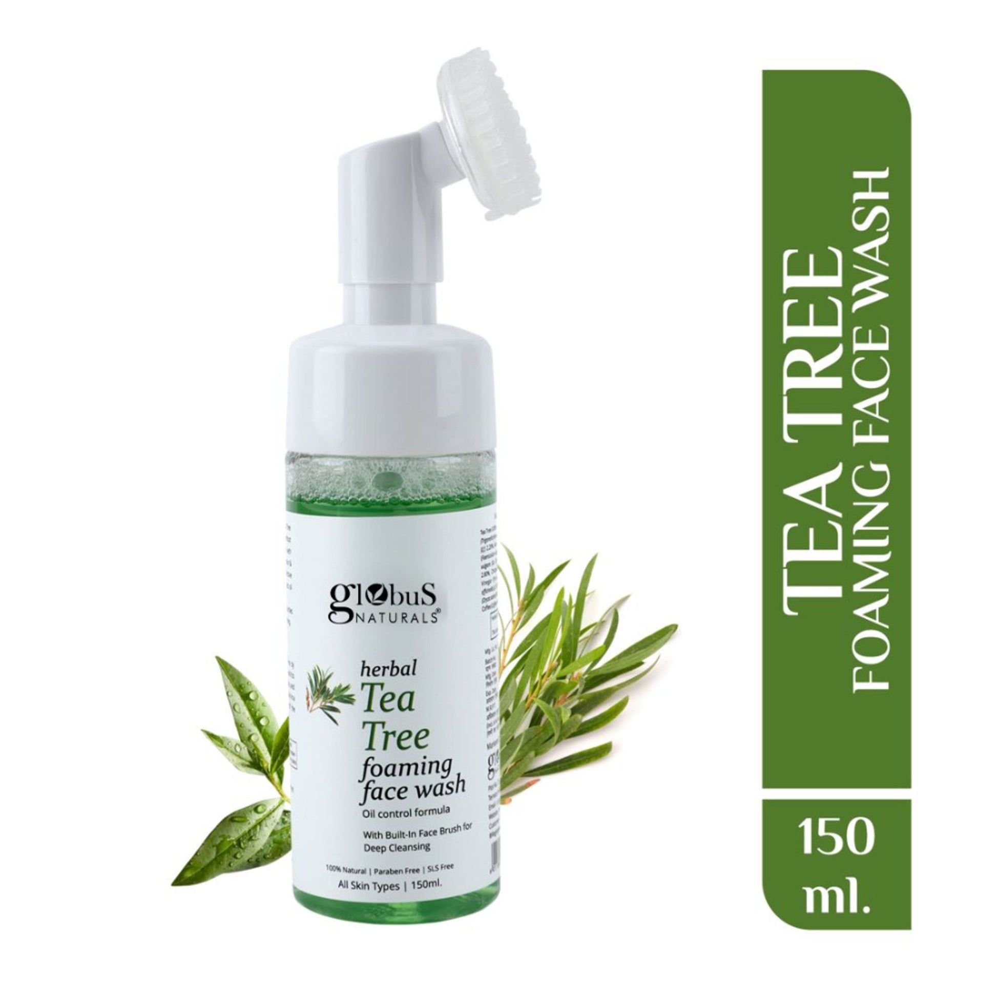 Globus Naturals Herbal Tea Tree Acne Control Foaming Face Wash with Silicon Face Massage Brush