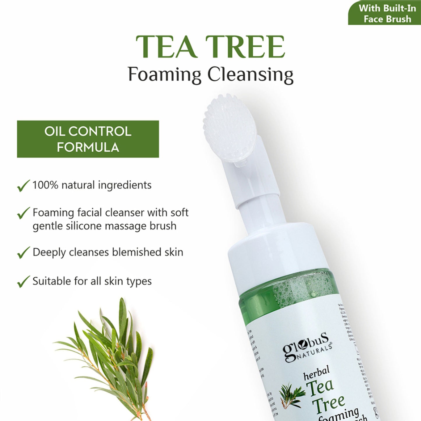 Globus Naturals Herbal Tea Tree Acne Control Foaming Face Wash with Silicon Face Massage Brush