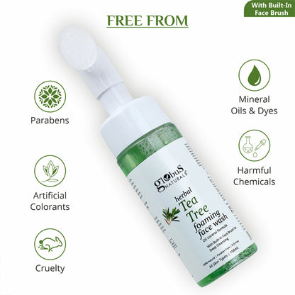Globus Naturals Herbal Tea Tree Acne Control Foaming Face Wash with Silicon Face Massage Brush