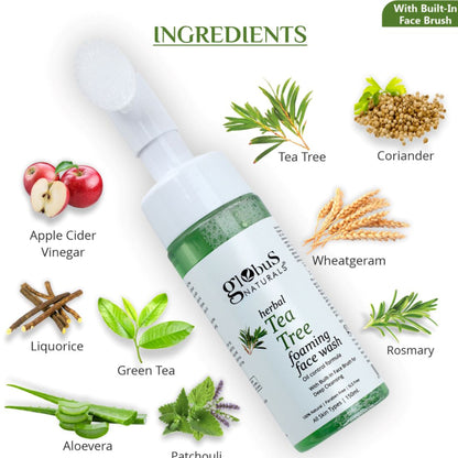 Globus Naturals Herbal Tea Tree Acne Control Foaming Face Wash with Silicon Face Massage Brush