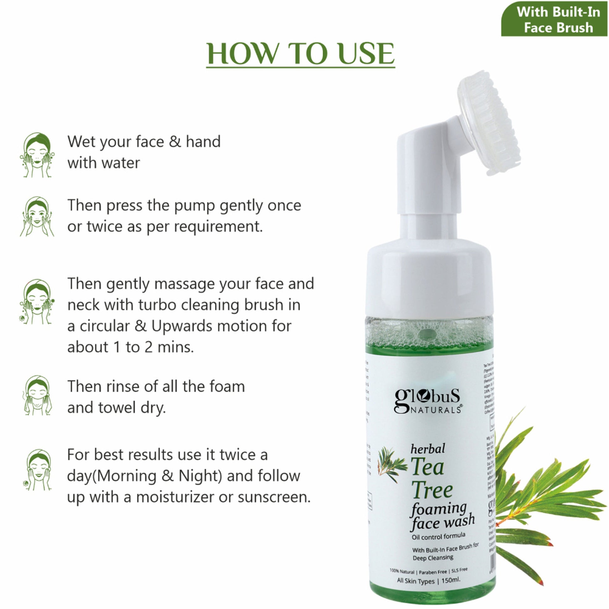 Globus Naturals Herbal Tea Tree Acne Control Foaming Face Wash with Silicon Face Massage Brush
