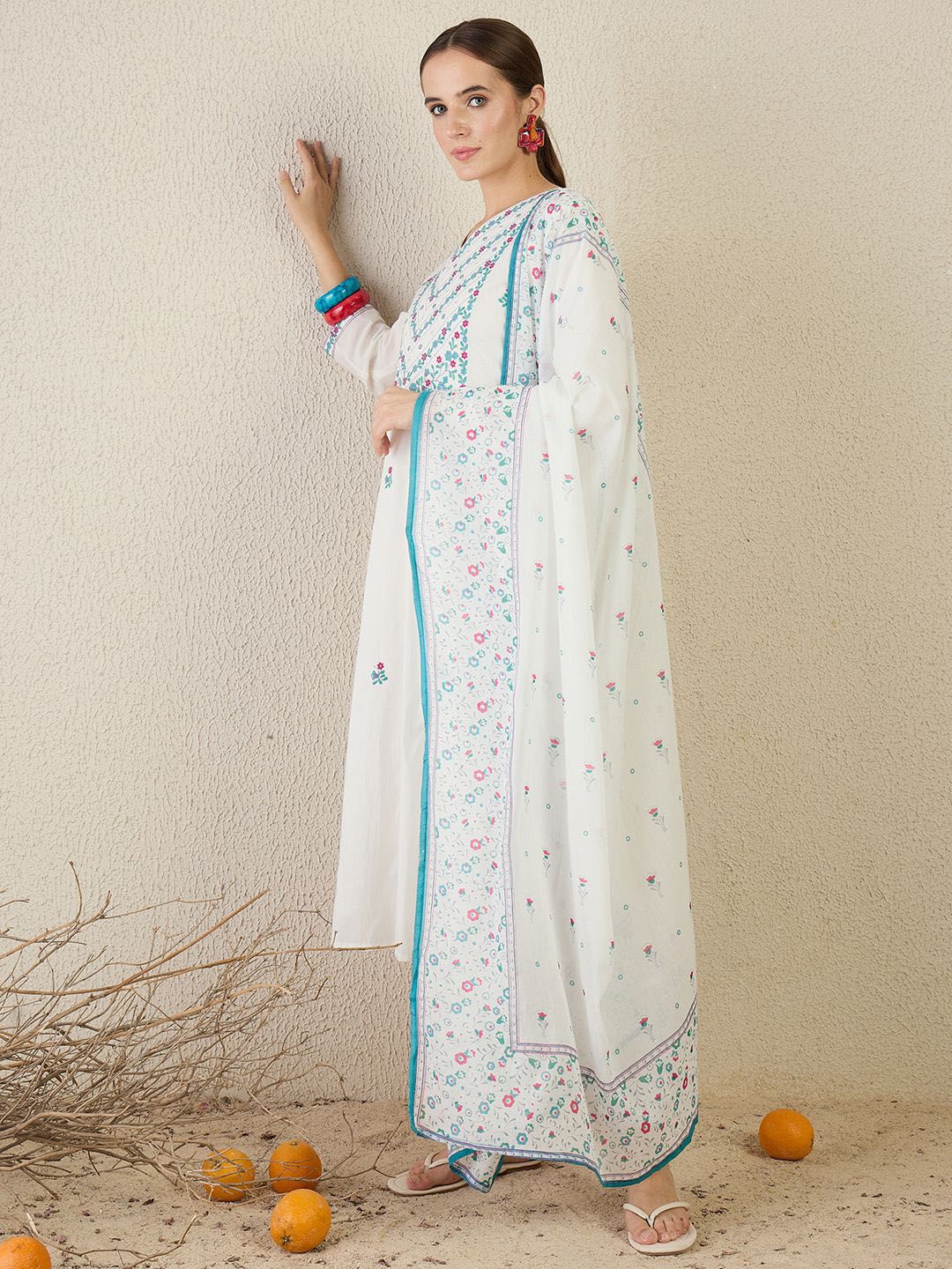Women Floral Embroidered Cotton Kurta with Trousers & Dupatta