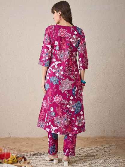 Dhiyona IE Printed V-Neck Pure Cotton A-Line Tunic With Trouser