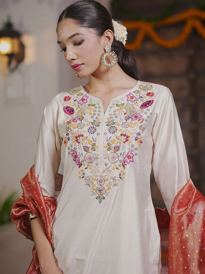 Indyancart IE Floral Embroidered Thread Work Liva Kurta With Trousers & Dupatta